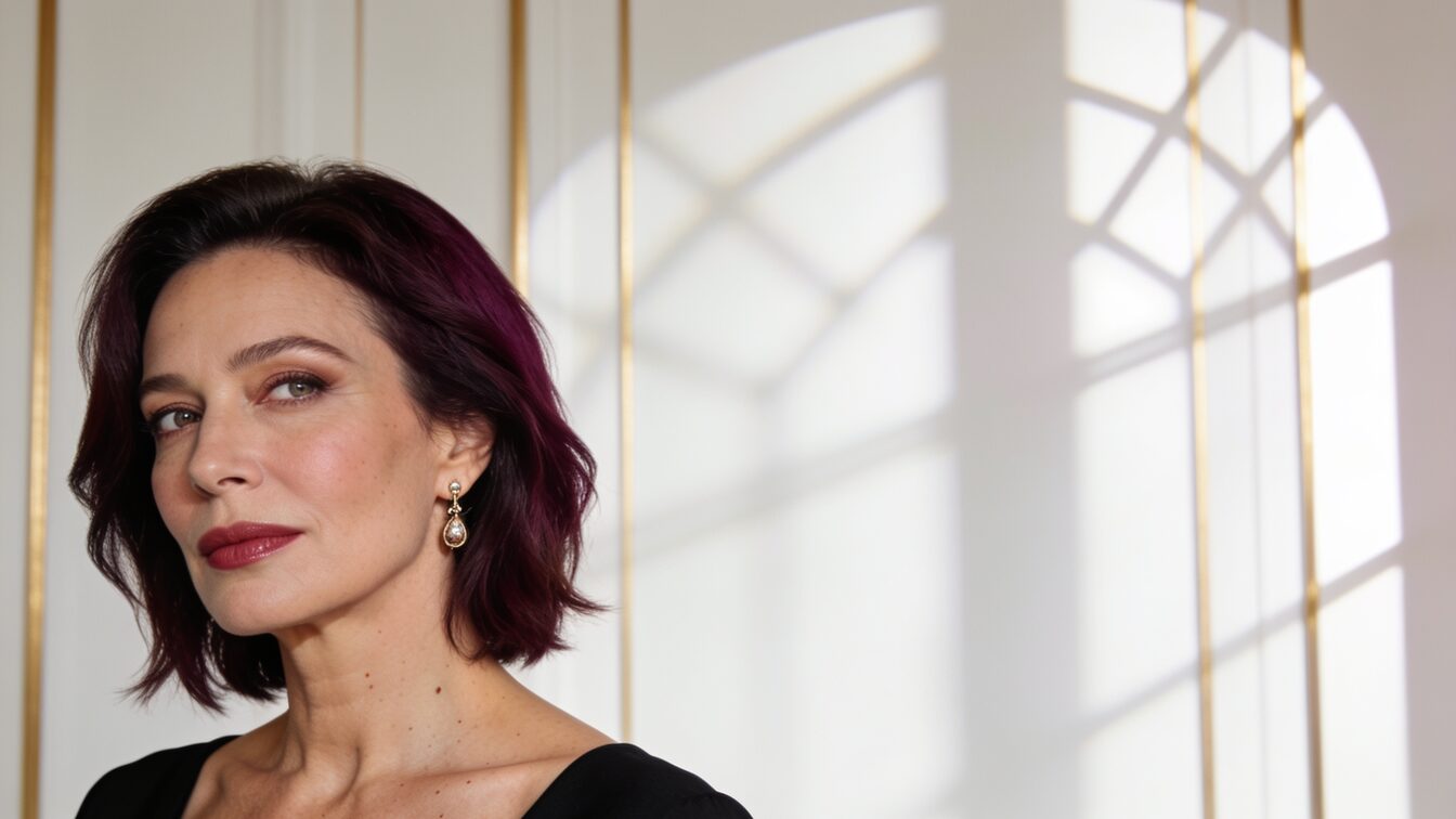 Mujer con estilismo luminoso que muestra armonía entre rostro, corte y accesorios